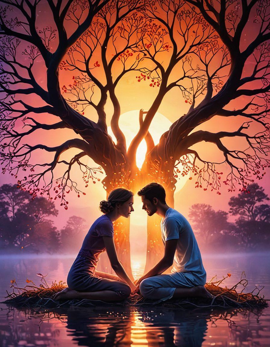 A warm scene depicting two diverse individuals engaged in a heartfelt conversation, surrounded by a soft, glowing aura that symbolizes emotional connection. The background showcases intertwined roots representing deep connections, with gentle colors evoking warmth and intimacy. Heart shapes softly floating around them add a whimsical touch to the atmosphere. vibrant colors. super-realistic.