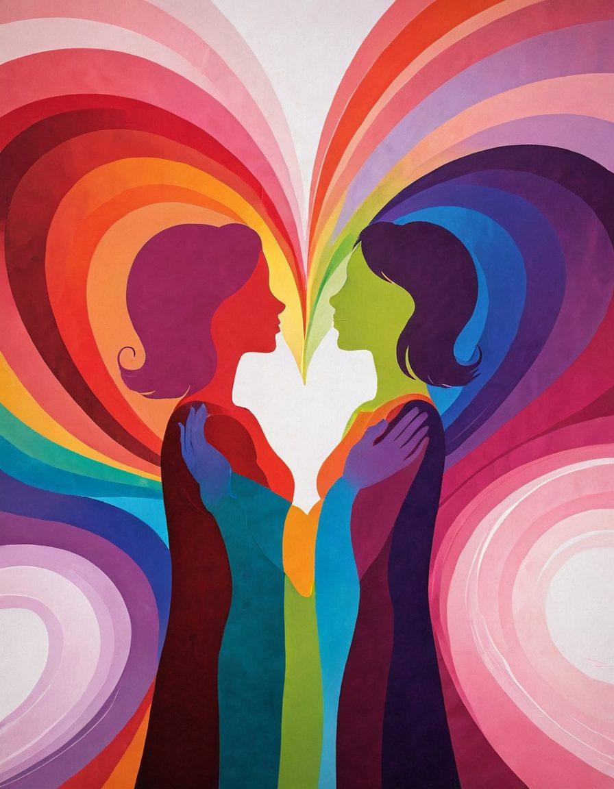 A heart-shaped spectrum displaying various colors, symbolizing different emotions from fondness to devotion, intertwined with silhouettes of diverse couples sharing intimate moments. In the background, soft, abstract shapes representing various emotions blend seamlessly. Add gentle, atmospheric lighting to create warmth. vibrant colors. super-realistic.